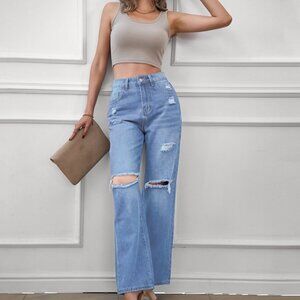 Ripped Denim Pants Wide Leg Baggy Boyfriend Streetwear Long Denim Size XXL